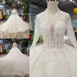 Ball Plunging Beading Dresses V Neck Lace Applique Sexy Hollow Back Tulle Long Sleeves Wedding Gown Vestido De Novia estido