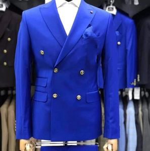 Bonito trespassado azul real noivo smoking pico lapela ternos masculinos 2 peças casamento/baile de formatura/jantar blazer (jaqueta + calças + gravata) w886