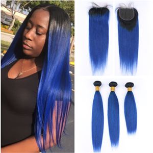 #1B/Blue Ombre Straight Brazilian Human Hair Weave Bundles with 4x4 Lace Closure Black to Dark Blue Ombre Virgin Hair Wefts with Closure