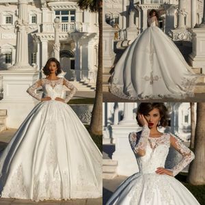 Dresses New Ball Crystal Long Sleeve Satin Wedding Dress Bridal Gown Lace Applique Vestidos De Novia Chapel Train