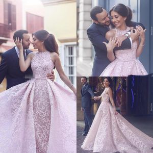 2020 New Arabic Blush Pink Lace Women Formal Evening Dresses Over Skirts Sleeveless Tulle Arabic Beauty Queen Pageant Dress Gowns for Prom