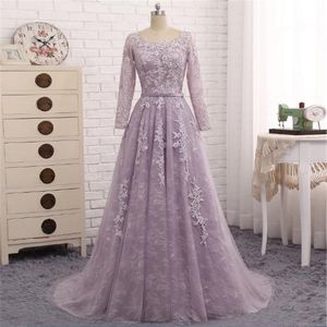 Light Purple Lace Long Sleeves Prom Dresses Custom Sweep Train Evening Dresses With Belt A Line Party Gowns Robe De Mariée