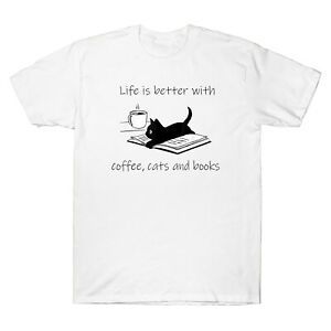 Kahve Cats ve Kitaplar Vintage Komik Grafik Erkek T Shirt ile Yaşam Is Daha İyi