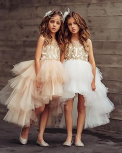 Hot Sale Tiered High Low Flower Girl Dresses For Wedding Beaded Bateau Neck Lace Pageant Gowns Tulle First Communion Dress