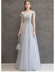 Oszałamiająca Silver Evening Dress Sheer Dekolt Krótki Bez Rękawów Lace-Up Długość podłogi Tiul z cekinami Koraliki Prom Dress