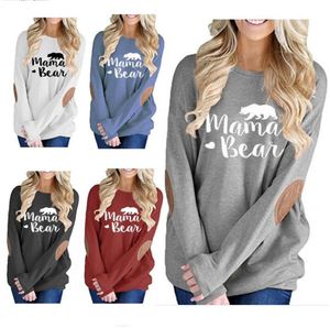 Mama Bear T-shirt 15 stilar Långärmad armbåge Patch Shirts Casual Round Collar Tees Loose Letter Print Shirt Utomhuskläder