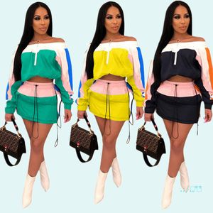 Patchwork Women Sun-protective Tracksuit Summer Outfits Long Sleeve Shoulder Out Crop Top Jacket Short Dress Sportswear Street Suit A3252