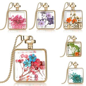 Natural Real Dried flowers necklaces original Square glass bottle Pendant Gold statement beaded chains For women Fashion DIY Jewelry Gift