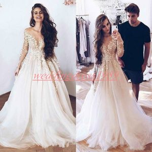 Elegant Long Sleeve Lace Plus Size Wedding Dresses Tulle Sheer Illusion Bodice Bride Gowns Robe de mariée Train Country Bridal Dress Ball