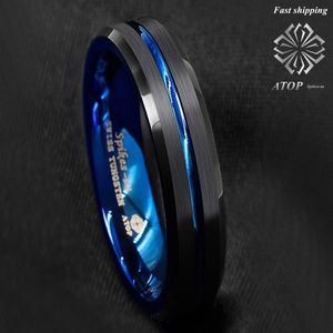 6mm Tungsten Men's Ring Thin Blue Line-inside Black Brushed Band Atop Jewelry J190716
