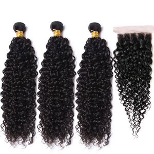 Kambodjansk Curly Virgin Human Hair Weaves 3 buntar med 1 st Lace Stängningar 8a Kambodjanska Deep Jerry Curly Remy Hair Extensions Naturlig färg