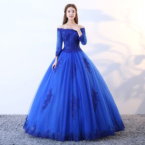 2019 Mode Bateau Appliques Royal Blue Ball Gown Quinceanera Klänningar Plus Storlek Söt 16 Klänningar Debutante 15 År Formell Party Dress BQ138