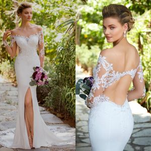 2020 Sexy High-split Mermaid Wedding Dress Sweetheart Long Sleeve BacklessAppliqued Lace Wedding Dress Ruffle Court Train Robes De Mariée