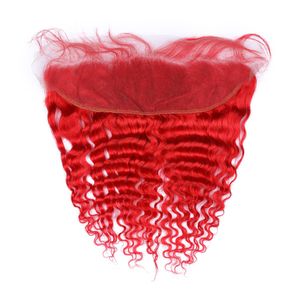 Virgin peruano do cabelo humano onda profunda colorido vermelho da orelha à orelha do laço frontal brilhantes Frontais Red completa 13x4 Encerramento Lace com bebê Cabelos