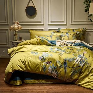 4pcs Silky Egyptian Cotton Yellow Chinoiserie Style Birds Flowers Duvet Cover Bed Sheet Fitted Sheet Set King Size Queen Bedding S275B