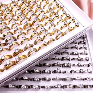 Fashion 30Pcs/lot Stainless Steel Crystal Zircon Ring Popular Titanium band gold silver Mixed style Men and Women Wedding Jewelry Party Gift