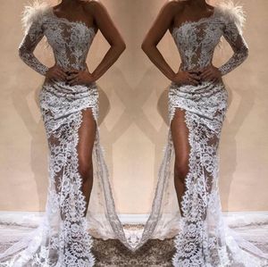 New White Full Lace Mermaid Evening Dresses Hot Sell Side Split Modern One Shoulder See Through Red Carpet Pageant Celebrity Gowns Arabic