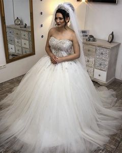 Suadi Arabia glänzende Kristall-Hochzeitskleider mit Perlen, geschwollene Ballkleider für die Braut, luxuriöse Brautkleider in Übergröße, Robe De Mariee