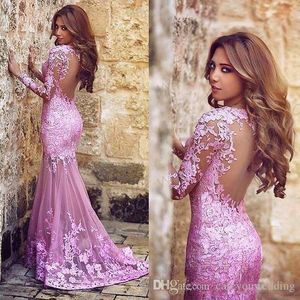Nya sade Mhamad Elegant Rosa Mermaid Prom Klänningar Lace Applique Sheer Backless Formal Party Evening Dresses Arabiska Klänningar Party Gowns