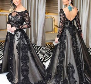 Black Lace Beaded Formal Evening Dresses Detachable Train Illusion Long Sleeve Sheer Neckline V Open Back Dresses Evening Wear Party Dress