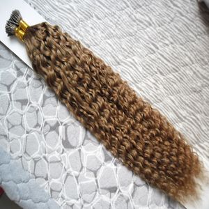 # 6 średnie brązowe perwersyjne kręcone przed klejącego kij I Wskazówka Ludzkie przedłużanie włosów Keratyn Fusion Hair Extensions Virgin Mongolian Curly Remy Hair