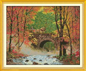 秋の装飾絵画の橋川、手作りクロスステッチ刺繍針仕事セットCanvas DMC 14ct / 11ctの印刷物