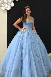 Light Blue Lace 3D Floral Applique Vestidos De Quinceanera Dresses Strapless Crystal Beads Two Layers Ball Gowns Sweet 16 Dress Tulle Long