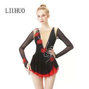 LIUHUO alta qualidade Skating vestido vermelho flores mangas compridas patinação trajes de dança profissional Ice Skating Vestidos