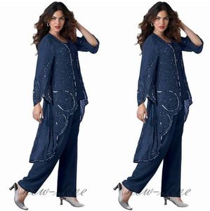 Plus Size Navy Blue Mother Of The Bride Dresses Pants Suits 3 Pieces Mother of the Bride Suits Wedding Guest Dresses Evening Gowns