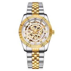 CHENXI Orologi meccanici automatici Lunetta in oro Puntatore luminoso Orologio da polso con fibbia in acciaio inossidabile con scheletro scavato per uomo