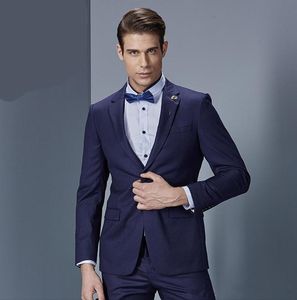 Navy Blue Mens Bröllop Tuxedos Notch Lapel Groom Groomsmen Tuxedos Populära Man Blazers Jacka Excellent 2 Piece Passits (Jacket + Byxor + Tie) 1430