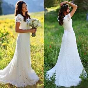 Stunning V Neck Lace Boho Wedding Dresses Short Sleeves Beaded Country Style Mermaid Bridal Gowns With Crystals Belt robes de mariée