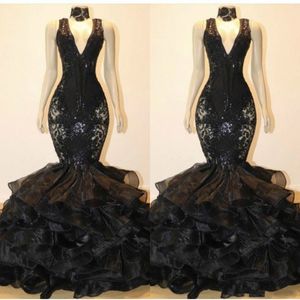 Trendy V-Neck Long Mermaid Prom Dress Gowns With Applique Ruffle Tiers Organza Vestido de fiesta Black Formal Evening Wear Celebrity Dress