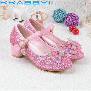 Vårbarn flickor skor höga klackar för parti sequined blå rosa sandaler fotled rem snö drottning barn tjejer skor