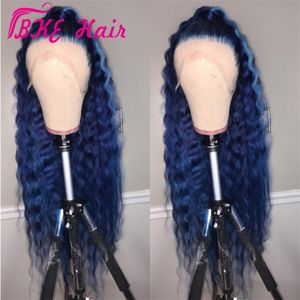 Hotselling 360 Lace Frontal Lange Wasserwellenperücke dunkelblaue Farbe Synthetische Lace Front Perücke mit vorgezupftem Babyhaar Perücken für Frauen