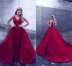 Dubai Arabic Red Sparkly Sequins Sheath Evening Dresses with Long Train Formal Pageant Gowns V Neck Floor Length Prom Dress Custom Made