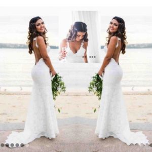 Katie May Mermaid Beach Lace Wedding Dress Modest Fashion Spaghetti Backless Country Bohemian Fishtail Bridal Holiday Dresses