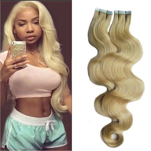 #613 Bleach Blonde Tape In Human Hair Extensions 40 pcs Virgin Brazilian Body Wave Tape In Hair Extensions PU Skin Weft Hair Extensions