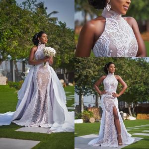 Suknie ślubne Afryki Halter Koronki Syrenki Z Odpinaną Spódnicą 2020 Illusion Lace Aplikacja Wedding Suknie ślubne Szaty De Mariée BC4095