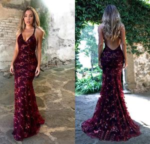 Burgundy Sequins Evening Party Dresses Modest Spaghetti Shiny Lace Applique Mermaid Criss Cross Prom Gown Cheap in Stock
