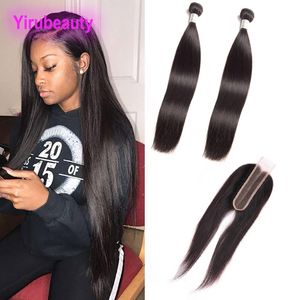 Cabelo virgem malaio 2 pacotes com 2 x 6 extensões de cabelo humano reto com fechamento de renda pacotes com 2 por 6 fechamento com cabelo de bebê 10-28 polegadas