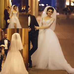 Abiti da sposa estivi a maniche lunghe trasparenti Plus Size Tulle con strascico sovrapposto Abiti da sposa spaccati sul davanti Abito da sposa tubino con applicazioni formali in pizzo