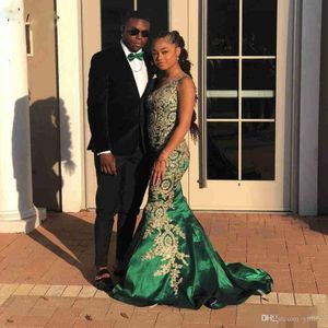 African Emerald Green Mermaid Evening Dresses One Shoulder Gold Appliques Long Formal Evening Party Gowns Special Occasion Dress Robe