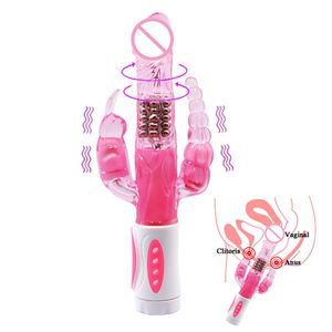Kanin Triple Pleasure Rabbit Vibrator G Spot Clitoris Stimulator Anal Plug Rotation Dildo Vibrator Sexleksaker för Kvinna MX191228