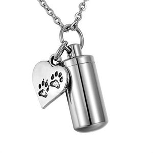 Urn Necklace for Ashes Cylinder Double paw print Necklace Memorial Keepsake Stainless Steel pet Cremation Pendant