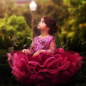 Cute Lace Tulle Flower Girls Dresses with Long Sleeve High Neck Crystal Sash Little Girls Birthday Party Gown Lace Top Formal Wear