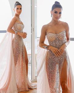 Arabski Luksusowy Cekin High Side Split Prom Dresses Sexy See przez Illusion Formal Party Suknie wieczorowe z wrap szaty De Soiree