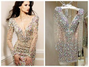 Sparkling Cocktail Dresses Rhinestone Mini Club Wear Dress Party Gowns Deep V Neck Long Sleeves Sexy Short Prom Dresses M58
