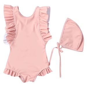 Baby Girls Bikinis Outfits Kids Ruffled Romper Swimwear Romper + Hat 2pcs/set Summer 2 Colors Girl One-piece Swimsuit Beach Clothing M1877