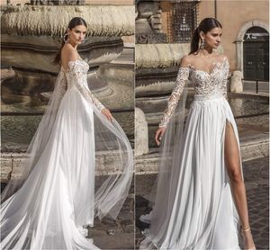 2020 A-Line Wedding Dress V Neck High-Split Appliqued Court Train Sukienka Bridal Długim Rękawem Illusion Bodice Custom Made Vestidos de Novia
